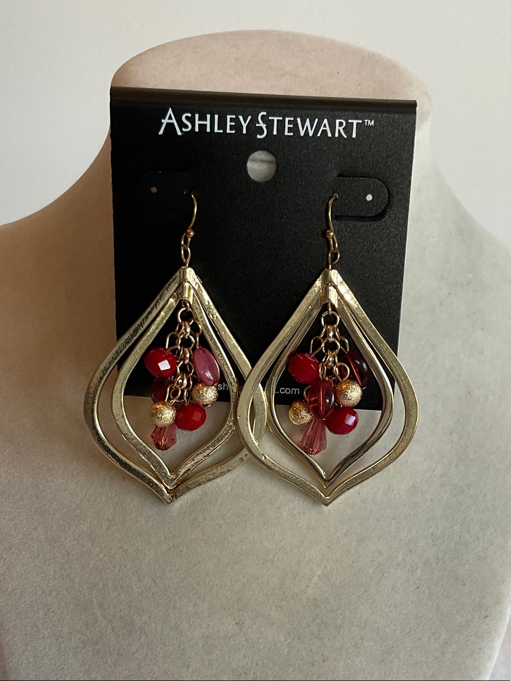 Ashley Stewart Gold-Tone Teardrop Earrings with Red Bead Cluster